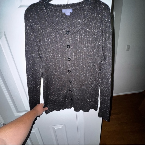LAURA SCOTT Women's Large Black Metallic Sparkle Cardigan Sweater V-Neck Button - Picture 11 of 16
